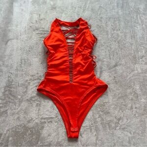 Solaris Style Bodysuit L Orange Statement Piece Cage Back Deep V Festival